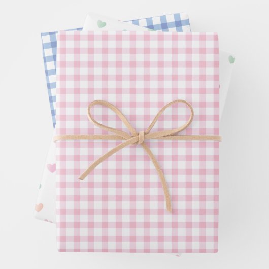 Kleurrijke harten | Pastel Pink and Blue Gingham Inpakpapier Vel (In situ)
