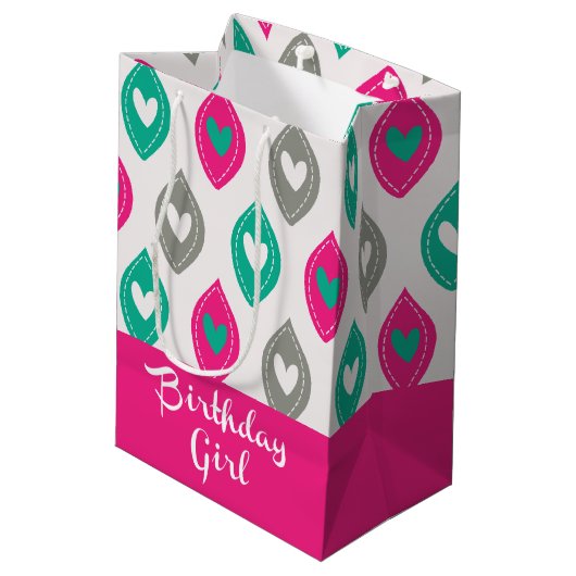 Kleurrijke Harten Patroon Verjaardag Meisje Medium Cadeauzakje (Achterkant Gekanteld)