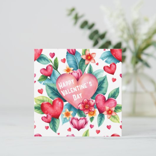 Kleurrijke harten & tropische bladeren Valentijn's Feestdagenkaart (Staand voorkant)