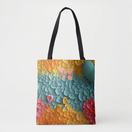 Kleurrijke Hartpatroon Canvas tas met Aangepaste N (Voorkant)