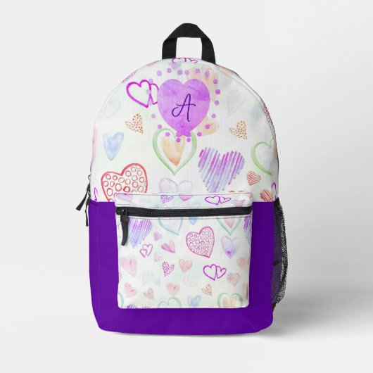 Kleurrijke hartpatroon en Initiaal Letter Monogram Bedrukte Rugzak (Voorkant)