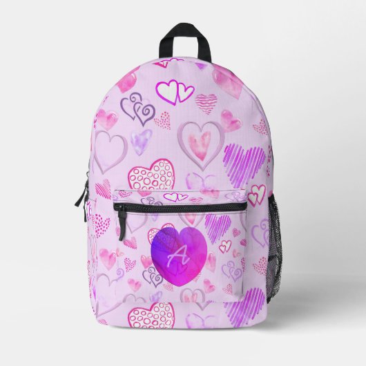 Kleurrijke hartpatroon Initiaal Letter Monogram Bedrukte Rugzak (Voorkant)