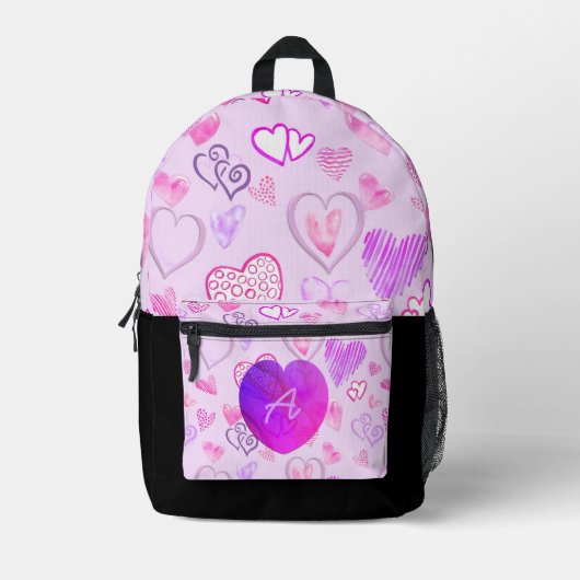 Kleurrijke hartpatroon Initiaal Letter Monogram Bedrukte Rugzak (Voorkant)