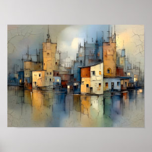 Kleurrijke havenstad reflectie schildering poster
