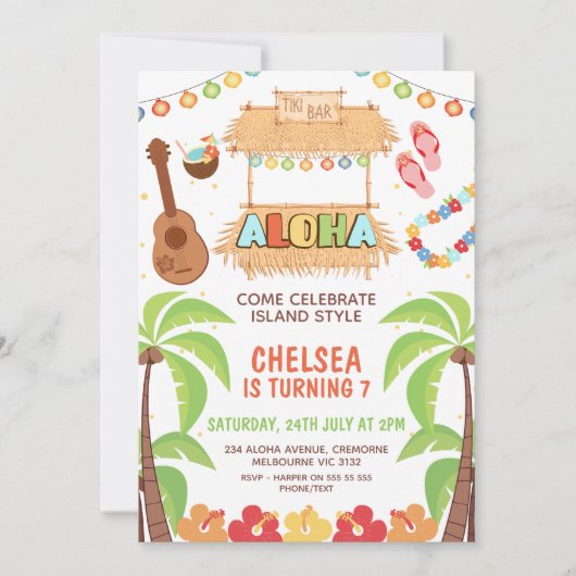 Kleurrijke Hawaïaanse Aloha Verjaardag Uitnodiging (Voorkant)