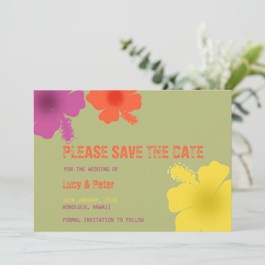 Kleurrijke Hawaiiaanse Hibiscus bruiloft Save the  Save The Date (Staand voorkant)