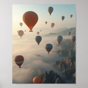 Kleurrijke Heet Lucht Ballonnen Nevelige Berg Zons Poster