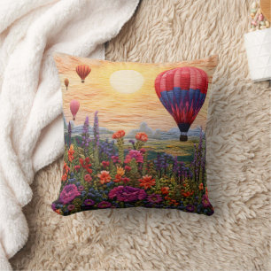 Kleurrijke Heet Luchtballon Wilde Bloemen Zonsonde Kussen