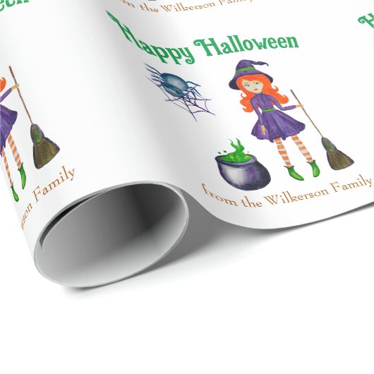 Kleurrijke heks en spin aangepaste naam Halloween Cadeaupapier (Rol Hoek)
