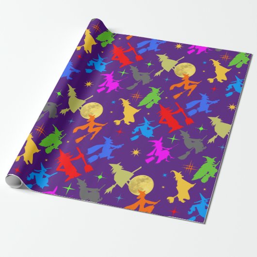 Kleurrijke heks in de vlucht. Halloween Pattern Cadeaupapier (Uitgerold)