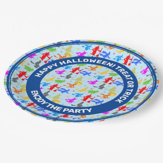 Kleurrijke heks in de vlucht. Halloween Pattern Papieren Bordje (Gekanteld)