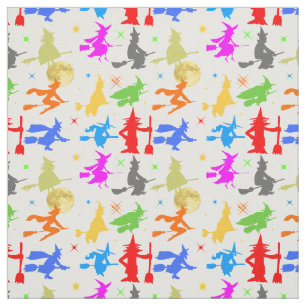 Kleurrijke heks in de vlucht. Halloween Pattern Stof