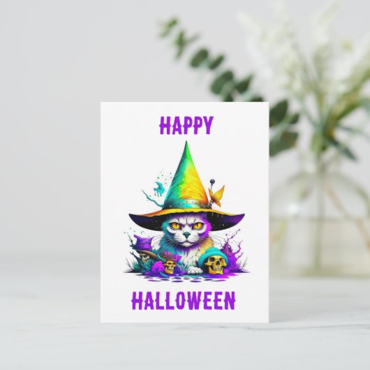 Kleurrijke heksenkat briefkaart (Staand voorkant)
