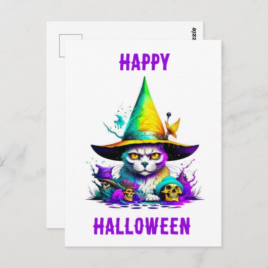 Kleurrijke heksenkat briefkaart (Voorkant / Achterkant)