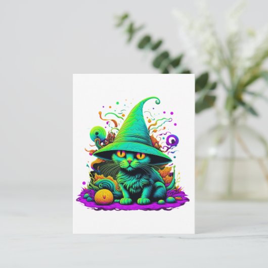 Kleurrijke heksenkat briefkaart (Staand voorkant)