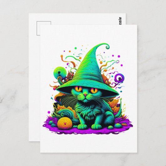 Kleurrijke heksenkat briefkaart (Voorkant / Achterkant)