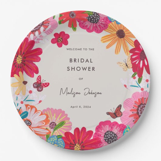 Kleurrijke helder wilde bloemen bruidsdouche papieren bordje (Voorkant)