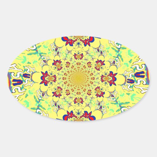 Kleurrijke Heldere Bloemen Damast Design Art Print Ovale Sticker (Voorkant)