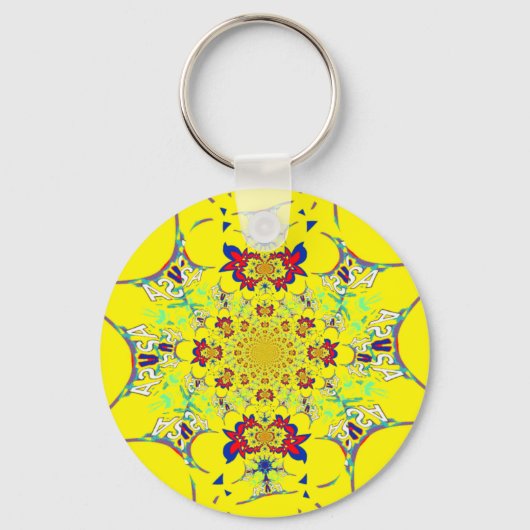 Kleurrijke Heldere Bloemen Damast Design Art Print Sleutelhanger (Voorkant)