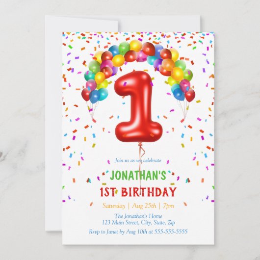 Kleurrijke Heldere Confetti Ballonnen 1e Verjaarda Kaart (Voorkant)