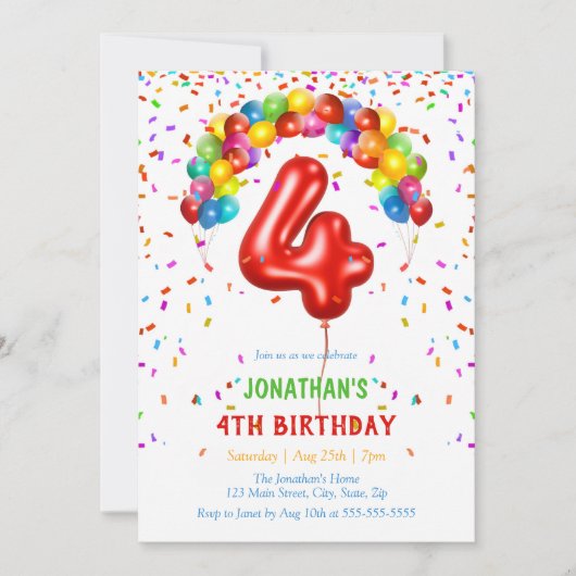 Kleurrijke Heldere Confetti Ballonnen 4e Verjaarda Kaart (Voorkant)