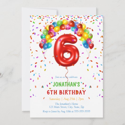 Kleurrijke Heldere Confetti Ballonnen 6e Verjaarda Kaart (Voorkant)