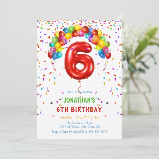 Kleurrijke Heldere Confetti Ballonnen 6e Verjaarda Kaart (Staand voorkant)