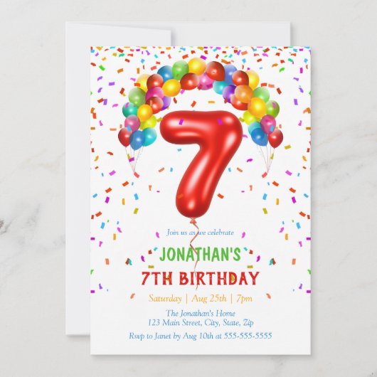 Kleurrijke Heldere Confetti Ballonnen 7e Verjaarda Kaart (Voorkant)