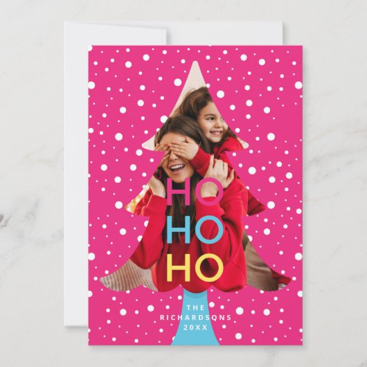 Kleurrijke Heldere Neon Ho Ho Kerstmis Foto Roze Feestdagenkaart (Voorkant)