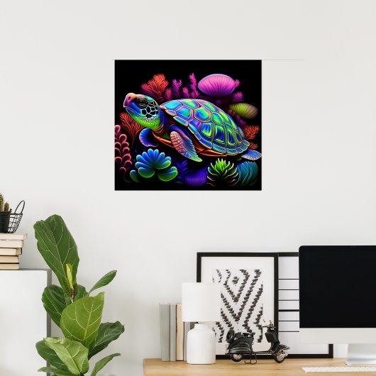 Kleurrijke Heldere Psychedelic Zee Schildpad Wall  Poster (Thuiskantoor)