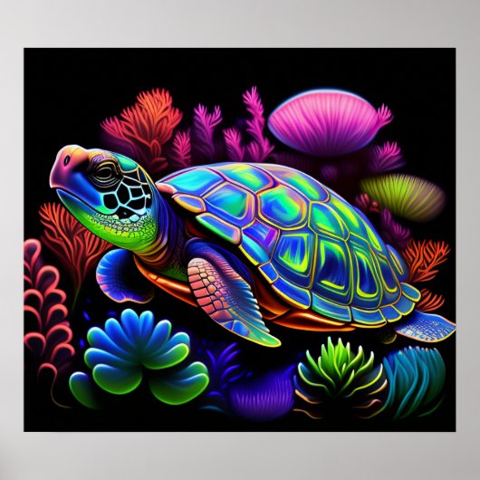 Kleurrijke Heldere Psychedelic Zee Schildpad Wall  Poster (Voorkant)