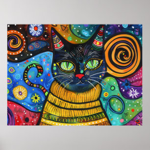Kleurrijke Heldere Psychedelische Kattenmuur Print