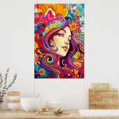 Kleurrijke heldere psychedelische Trippy Lady Wall Poster (Keuken)