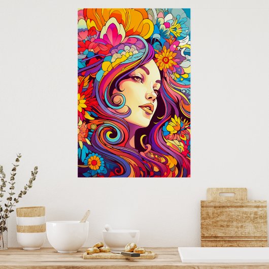 Kleurrijke heldere psychedelische Trippy Lady Wall Poster (Keuken)