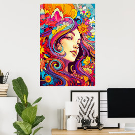 Kleurrijke heldere psychedelische Trippy Lady Wall Poster