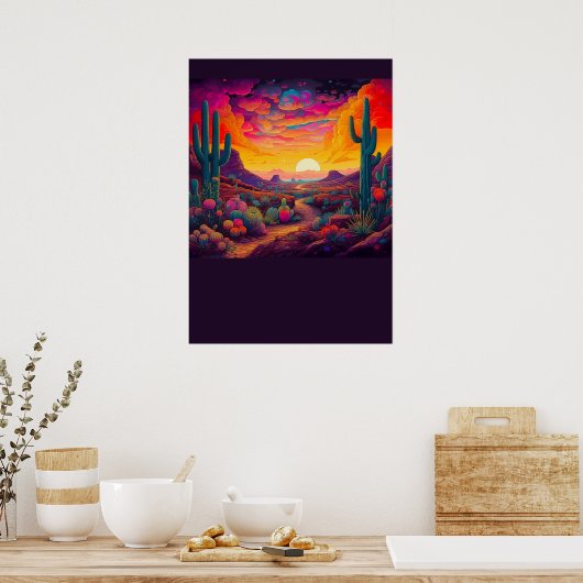 Kleurrijke heldere psychedelische woestijnscène af poster (Keuken)
