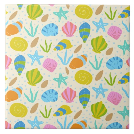 Kleurrijke heldere schelpen en zeesterren kust tegeltje (Voorkant)