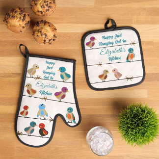 Kleurrijke heldere vogel liefhebber ovenwant & pannenlap set