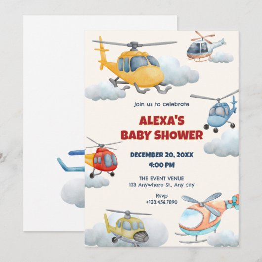 Kleurrijke helikopter baby shower uitnodiging (Voorkant / Achterkant)