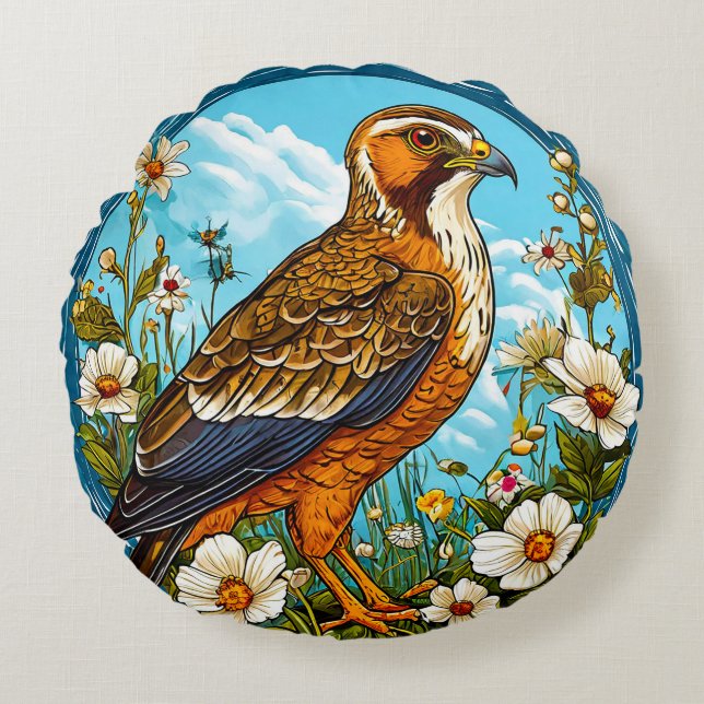 Kleurrijke Hen Harrier Bird Rond Kussen (Voorkant)