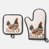Kleurrijke Hen Scandi Folk Art Ovenwant & Pannenlap Set (Voorkant)