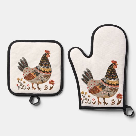 Kleurrijke Hen Scandi Folk Art Ovenwant & Pannenlap Set (Voorkant)