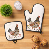 Kleurrijke Hen Scandi Folk Art Ovenwant & Pannenlap Set (Top down)