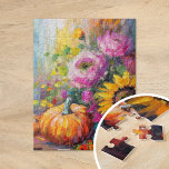 Kleurrijke Herfst Bloemen en Pompoenen Legpuzzel<br><div class="desc">Een levendig, modern abstract schilderij met een speelse opstelling van pompoenen, zonnebloemen en ander gebladerte van herfst. Rijke herfsttinten zoals verbrand sinaasappel, dieprood, roze en goudgeel vermengen zich met zachte penseelstreken en gedurfde kleurspatten. De abstracte stijl voegt een eigentijdse flair toe aan het traditionele herfst oogstthema en legt de warmte...</div>