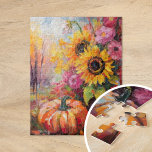 Kleurrijke Herfst Bloemen en Pompoenen Legpuzzel<br><div class="desc">Een levendig, modern abstract schilderij met een speelse opstelling van pompoenen, zonnebloemen en ander gebladerte van herfst. Rijke herfsttinten zoals verbrand sinaasappel, dieprood, roze en goudgeel vermengen zich met zachte penseelstreken en gedurfde kleurspatten. De abstracte stijl voegt een eigentijdse flair toe aan het traditionele herfst oogstthema en legt de warmte...</div>