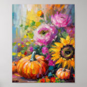 Kleurrijke Herfst Bloemen en Pompoenen Poster (Voorkant)