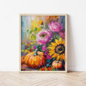 Kleurrijke Herfst Bloemen en Pompoenen Poster