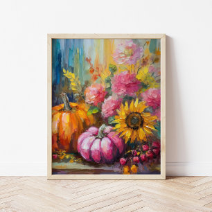Kleurrijke Herfst Bloemen en Pompoenen Poster