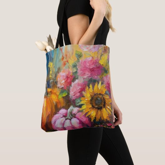 Kleurrijke Herfst Bloemen en Pompoenen Tote Bag (Dichtbij)