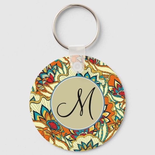 Kleurrijke herfst Bloemenpatroon Monogrammed Sleutelhanger (Voorkant)